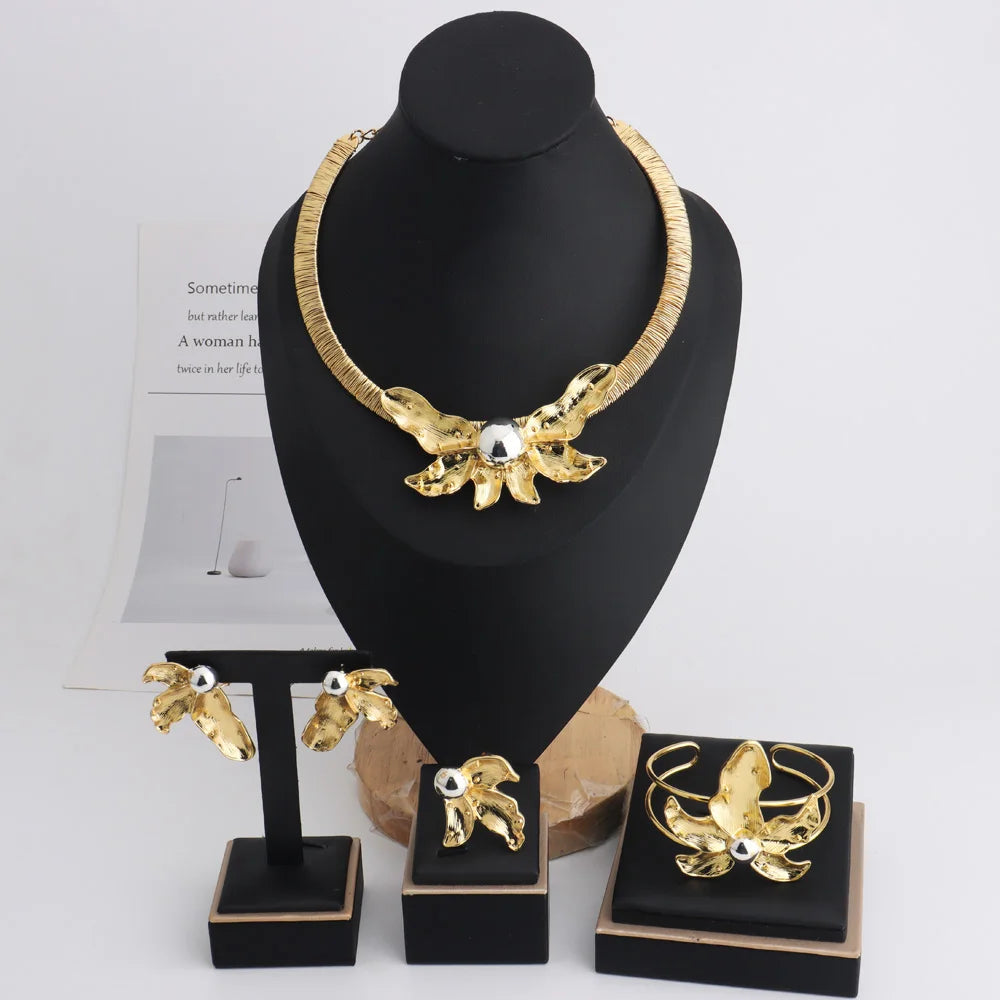 African Gold Color Earrings Necklace Bangle Ring Bride Set Stainless Steel Beads Ethiopian Women Jewelry Set For Party Wedding