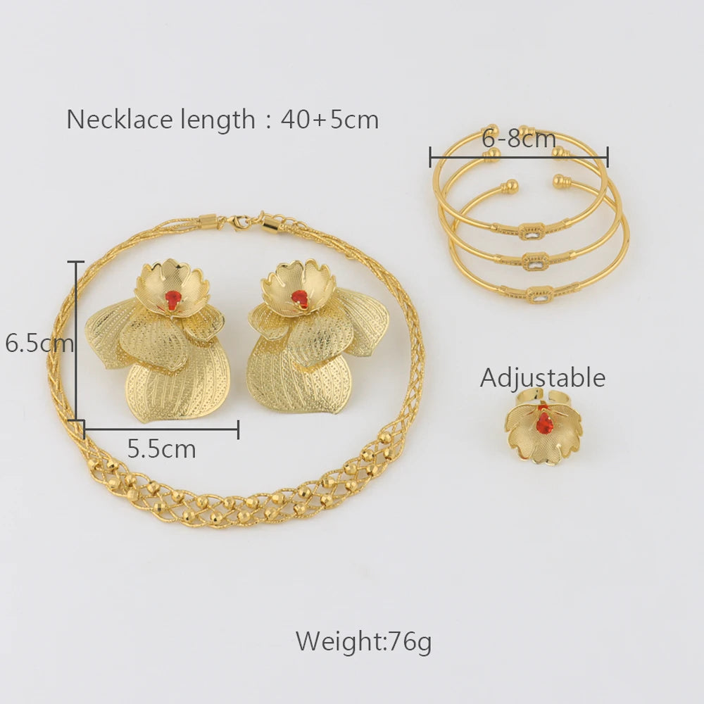 2025 African Luxury Women Gold Color Jewelry Sets Red Pistil Earrings Necklace Ring and Bangle Set Gift For Party Valentine
