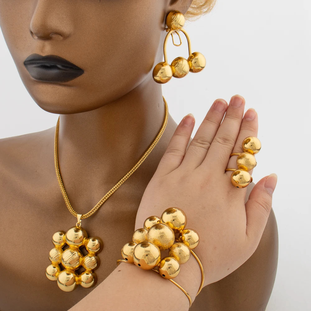 Round Beads Jewelry Sets for Women Gold Color Copper Necklace Vintage Earrings Charm Cuff Bangles Adjustable Ring Birthday Gifts