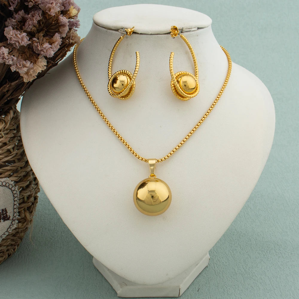 Simple Geometric Metal Necklace Earrings Set Globular Pendant for Women Stainless Steel Gold Plated Non-fade Trendy Jewelry