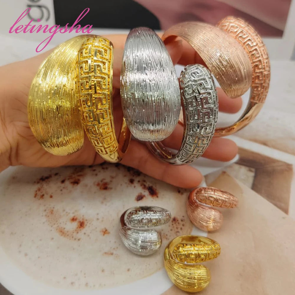 Nigerian 18K Gold Plated Bangle For Women Ring Colorful Jewelry Bracelet Wedding Party Gift Dubai Hollow Out Design Bracelet