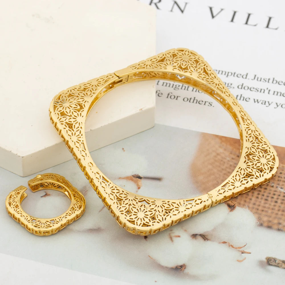 Luxury Bangle with Ring Set for Party Geometry Design Hand Bracelet Finger Ring 2Pcs Set for Weddings Engagement Bangle Jewelry