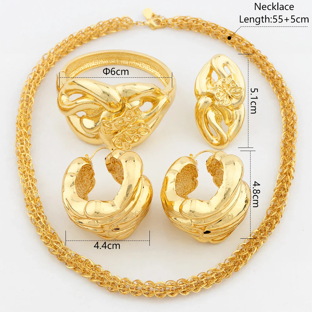 Dubai Gold Plated Jewelry Sets For Women Brazilian 60cm Necklace Bangles Fashion Trend Earrings Rings Wedding Banquet Jewelry - YUEMING JEWELRY