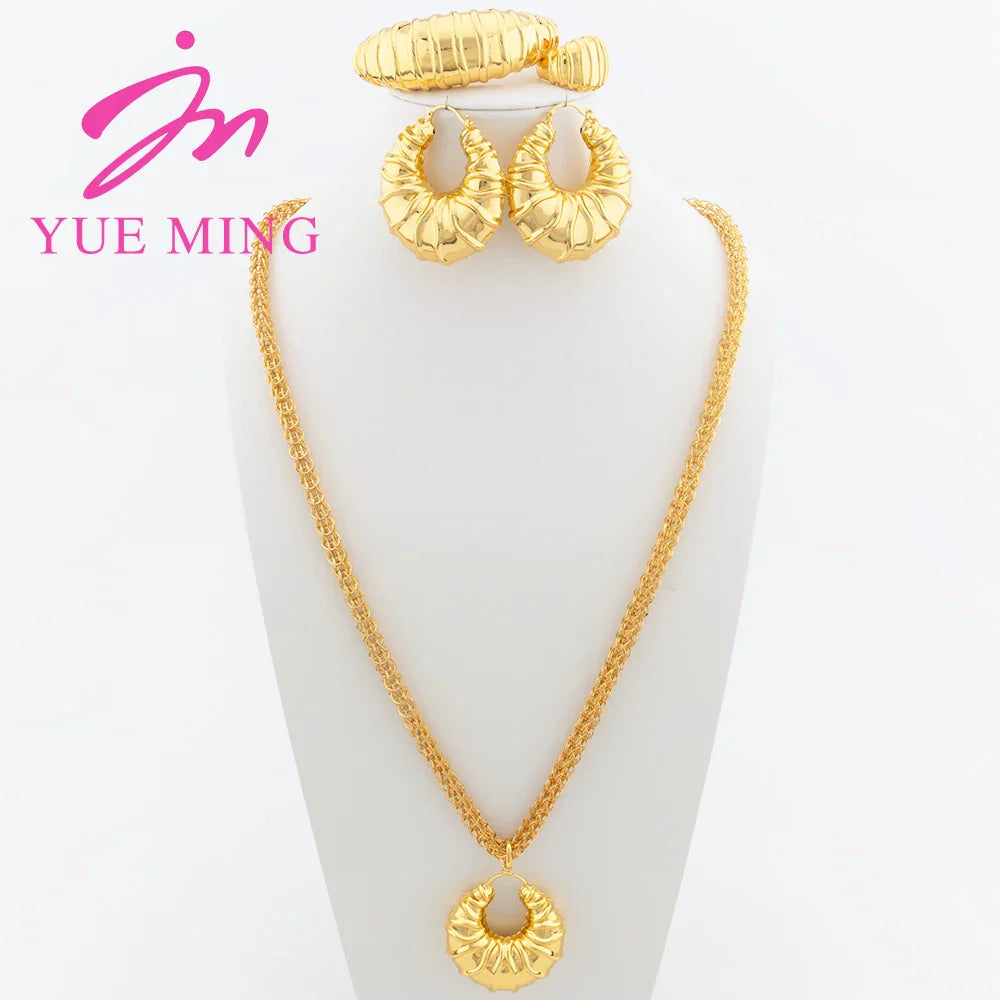 Dubai 18K Gold Color Jewelry Set for Women Bridal Copper Necklace 80CM Bracelet Hoop Earrings Ring African Birthday Wedding Gift - YUEMING JEWELRY