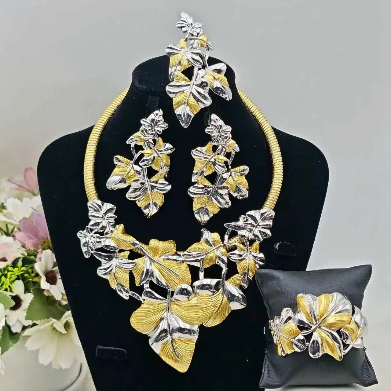 Africa Luxury  4pcs Jewelry Set For Women Ethiopia Exaggerate Leaves Necklace Earrings Bangle Ring For Party Wedding tiki
