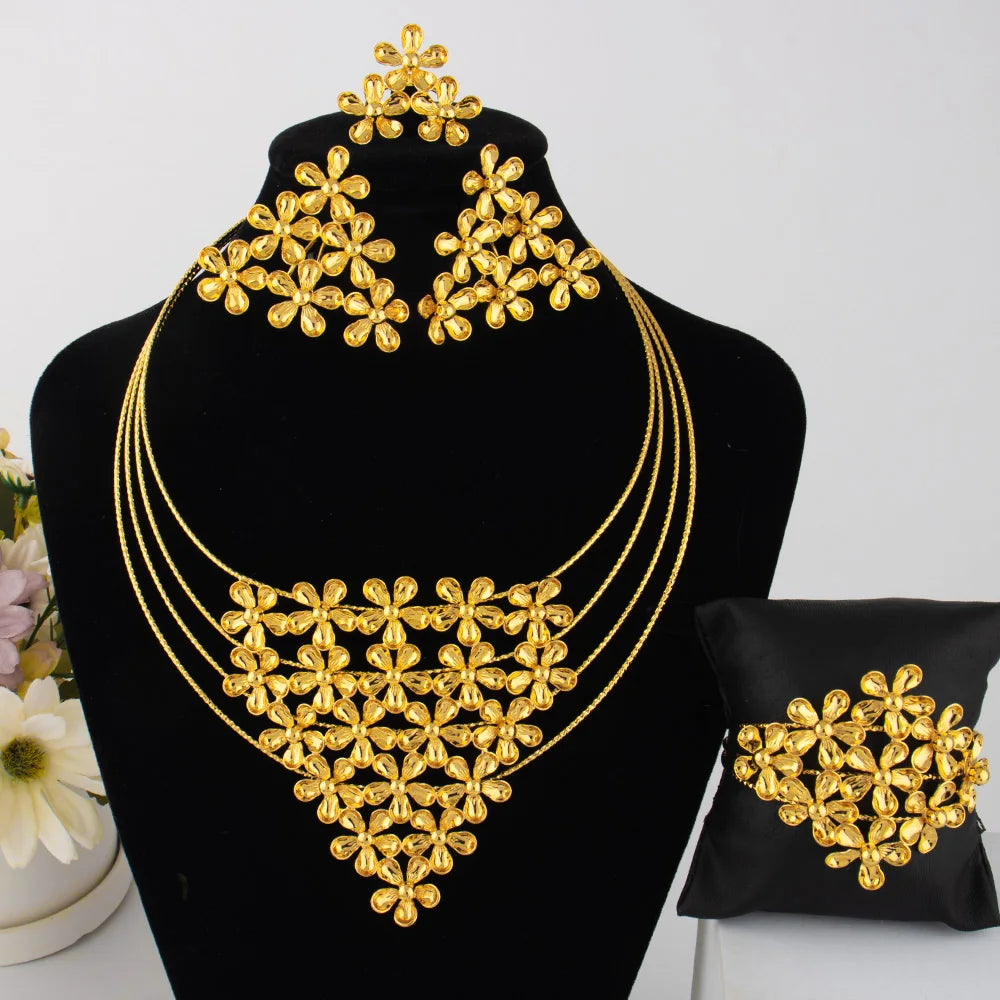 Ethiopia Elegant Jewelry Set Brazilian Flower Shape Necklace Earrings Luxury Bangle And Ring For Dubai Party Mother's Day Gift
