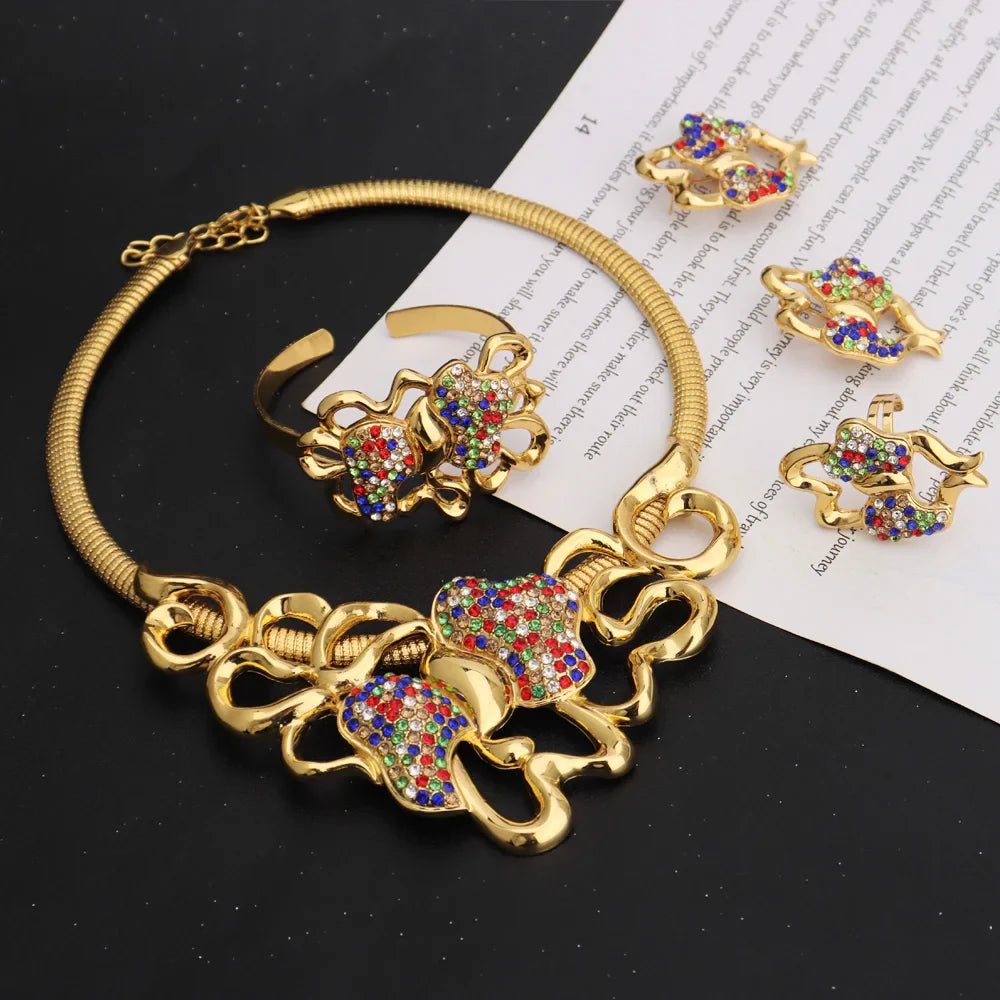 Dubai Gold Color Silver Color Irregular Hollow out Shape Jewelry Set For Women Necklace Earrings Ring Bracelet For Party Wedding