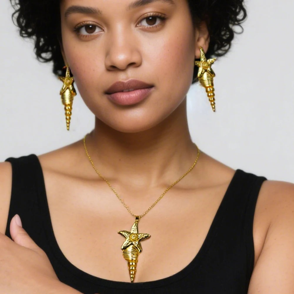 Dubai Fashion Jewelry Starfish Shape Women Jewelry Set Necklace Earrings Ring Gold Jewelry Gift Wedding Party Bridal Jewelry