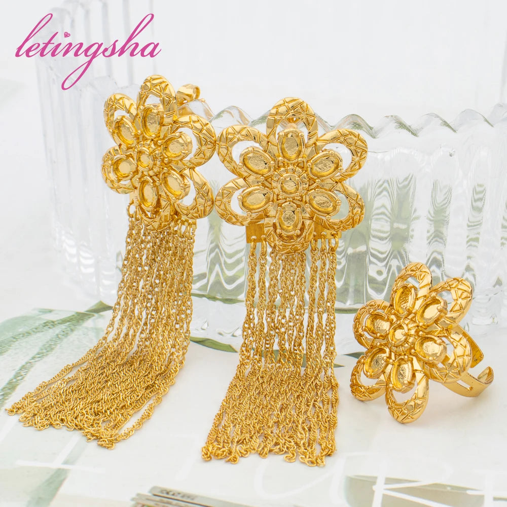 Italian Fashion Ethnic Tassel Earrings and Rings Sets For Women African Gold Color Classic Jewelry Set Dubai Jewelry Party Gifts
