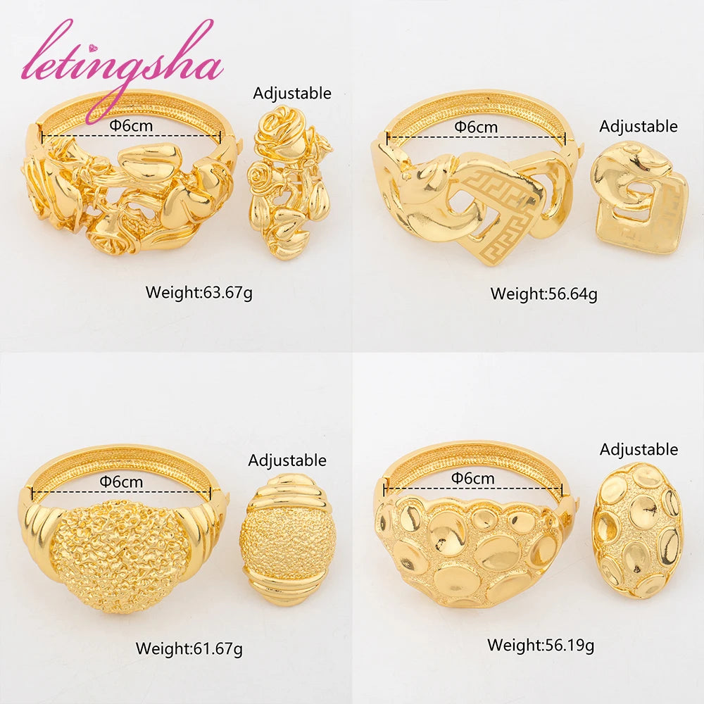 Dubai 18k Gold Plated Bangle Ring Set African Luxury Bangles Bracelet Jewelry Set for Women Daily Wear Party Gift Jewellery