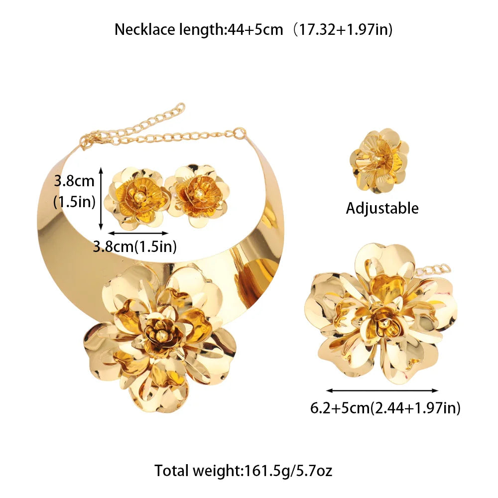 New Charming Flower Shape Women Jewelery Set Luxury Gold Color Earrings Necklace Bangle Ring For Wedding Accessories Party