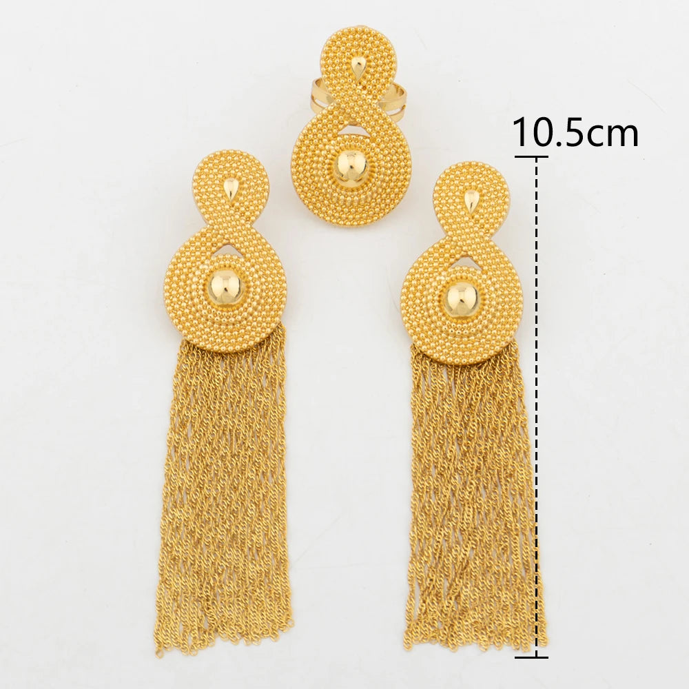 Dubai Gold Color Earrings For Women 18K Gold Plated Ring Set Ethiopian Jewelry Trend  Bride Jewellery Wedding Party Accessories
