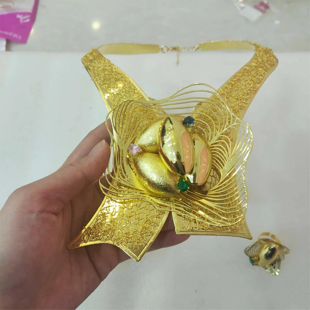 Exaggerate Women Jewelry Set for Sexy Party Wedding African Copper Gold Color Large Necklace Earrings Bangle Ring 4PCS Set Gift