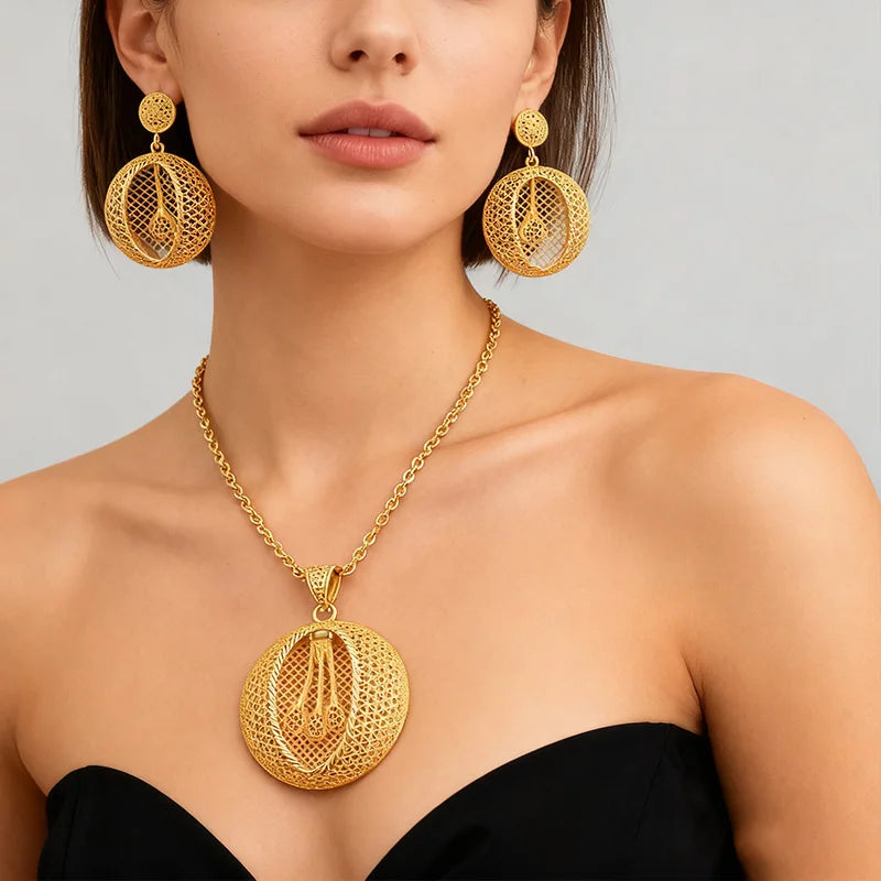 Jewelry Dubai Set Fashion Necklace Rings 24k gold Drop Earring African Ring Jewelry Earring Necklace Arab Luxury Jewelry Sets