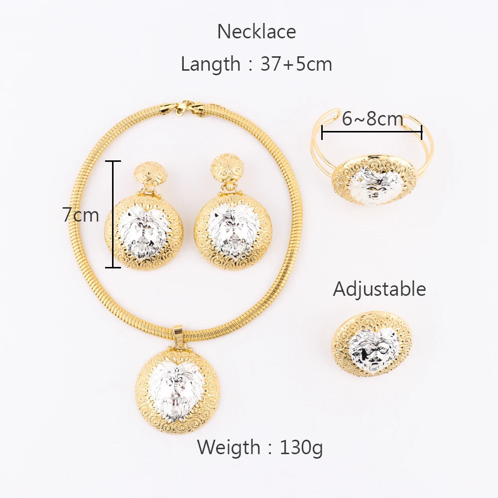 African Gilding Jewelry Set Woman Luxury Silvery Lion Necklace Earrings Ring Bangle Jewelery Accessories Valentine's Day Gift