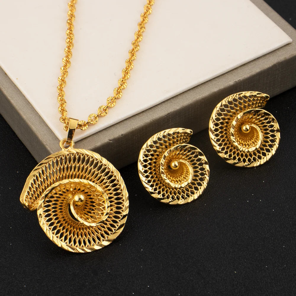 Mid East Gold-plated 2pcs Jewelry Set For Women India Dubai Jewelry Conch Shape Earrings Oval Necklace Set Apply for Party Daily
