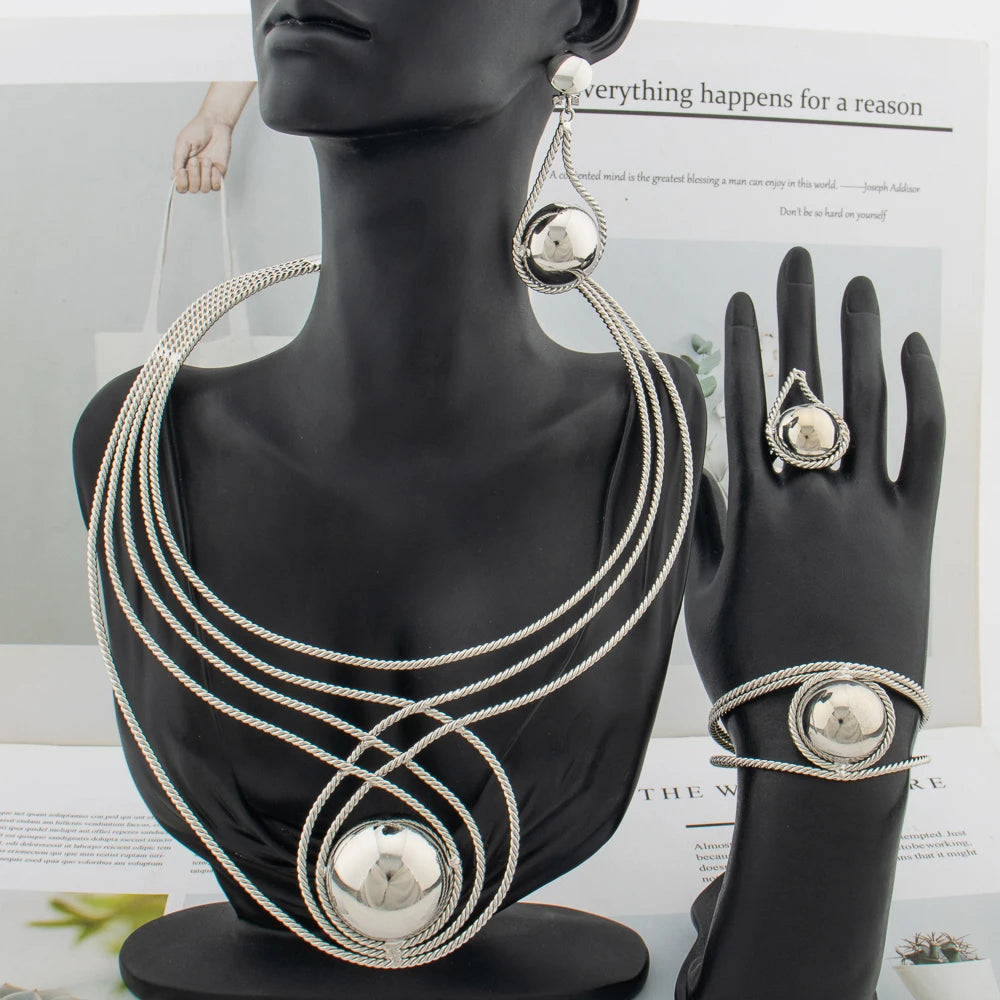 Large Round Collar Necklace 18K Gold Plated Jewelry Set for Women Earrings Bracelet Ring African Bride Wedding Party Decoration