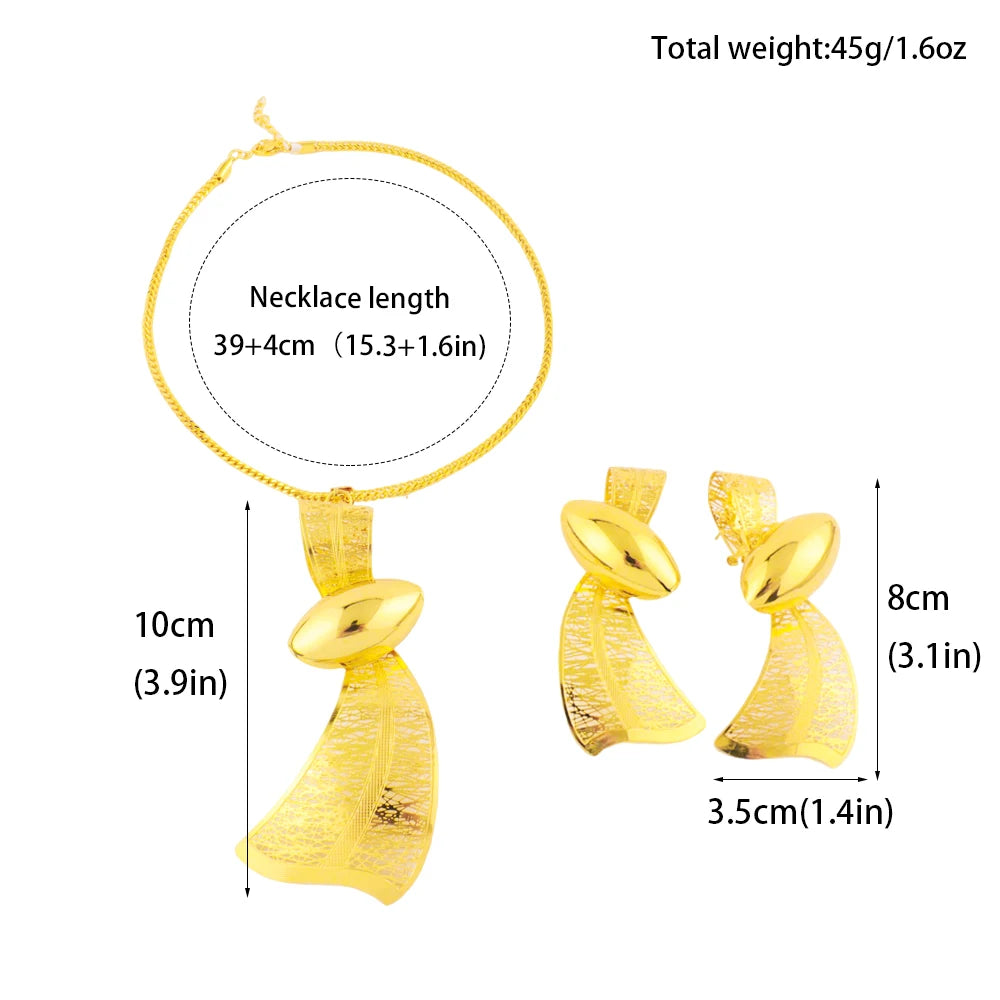 Luxury Ribbon Necklace Earrings for Women Dubai Arab Gold Color Water droplet Shape Waterproof Jewelry Set For Party Wedding