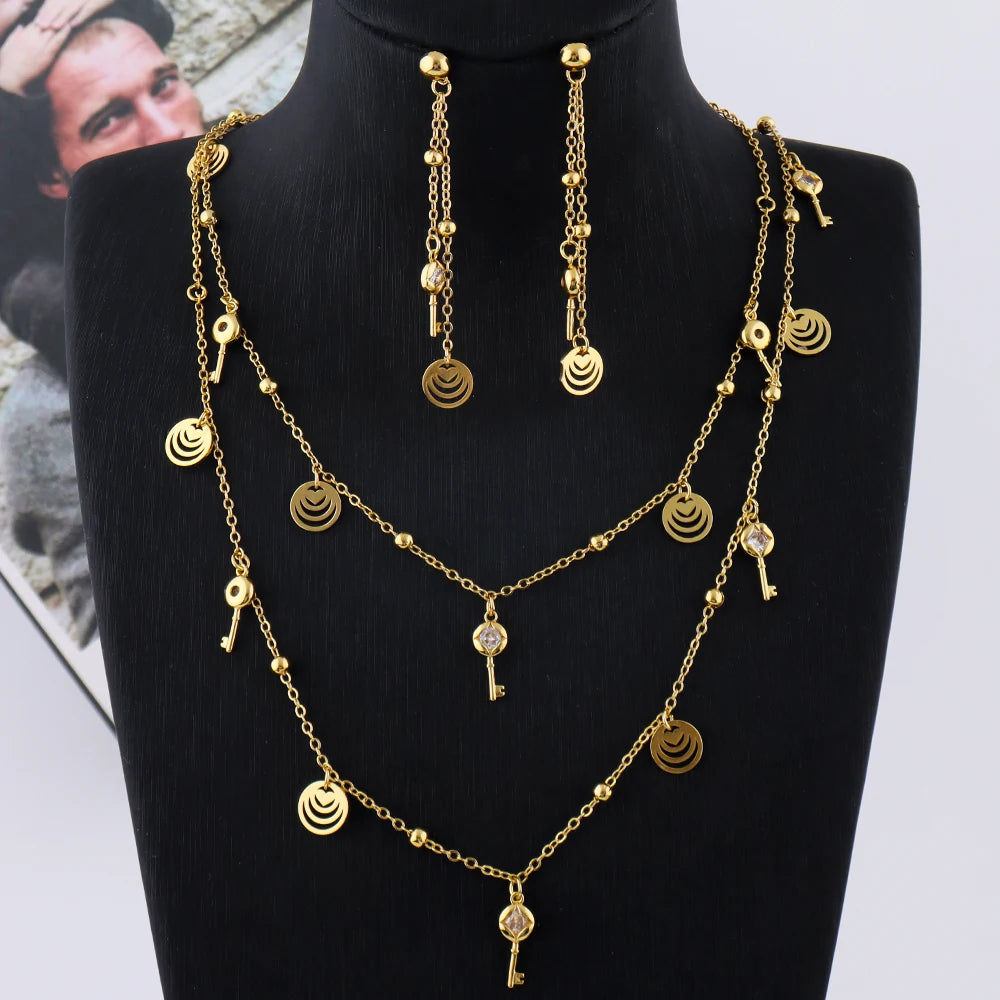 Fashion Charm Necklace Earrings Set for Girl Women Gold Plated Key Shape Long Chain Zircon Jewelry Gift for Party Wedding