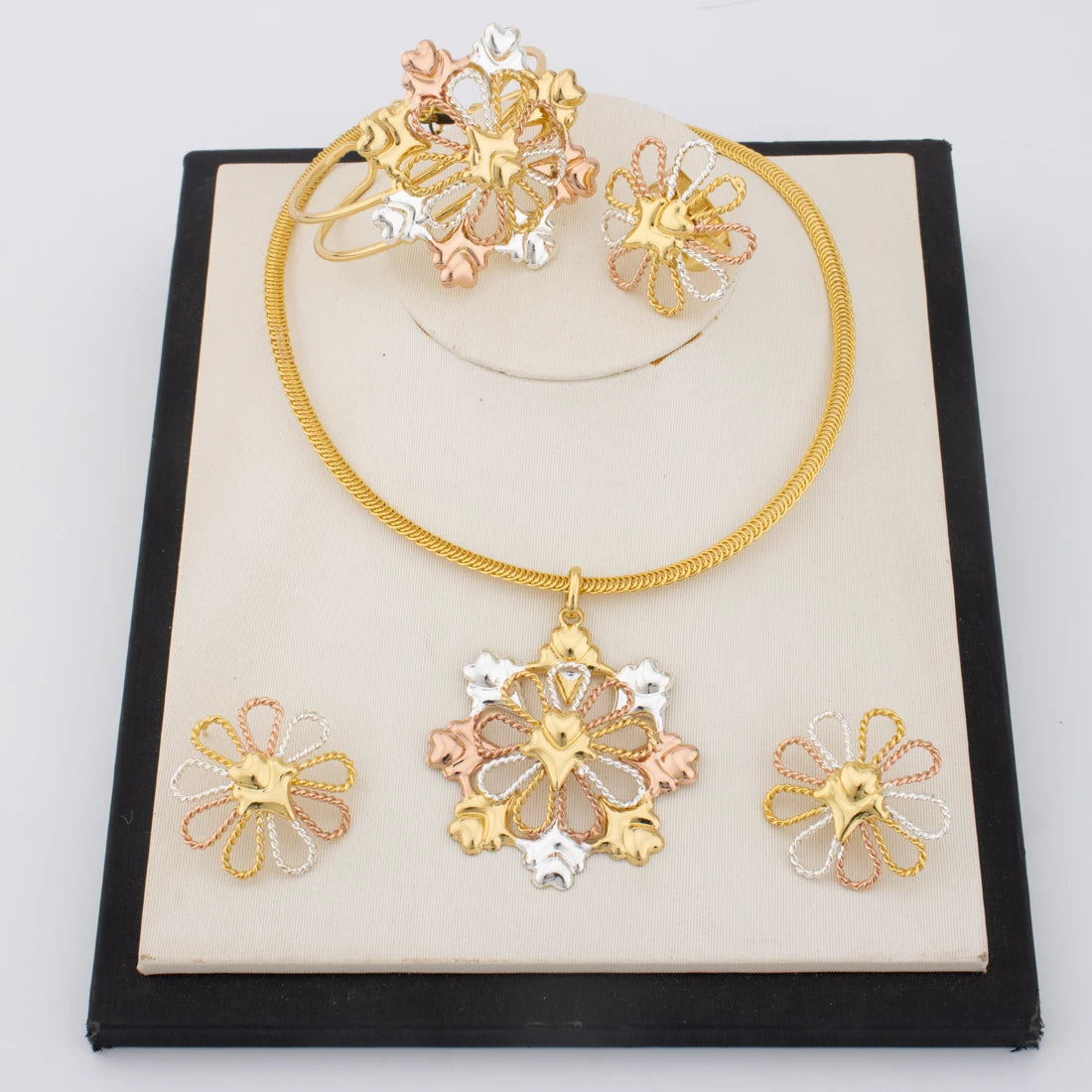 Gold Color Flower Shape Pendant Necklace Ring Necklace Bangle Set for Women 2025 African Trendy Beaded Jewelry Accessories Gift