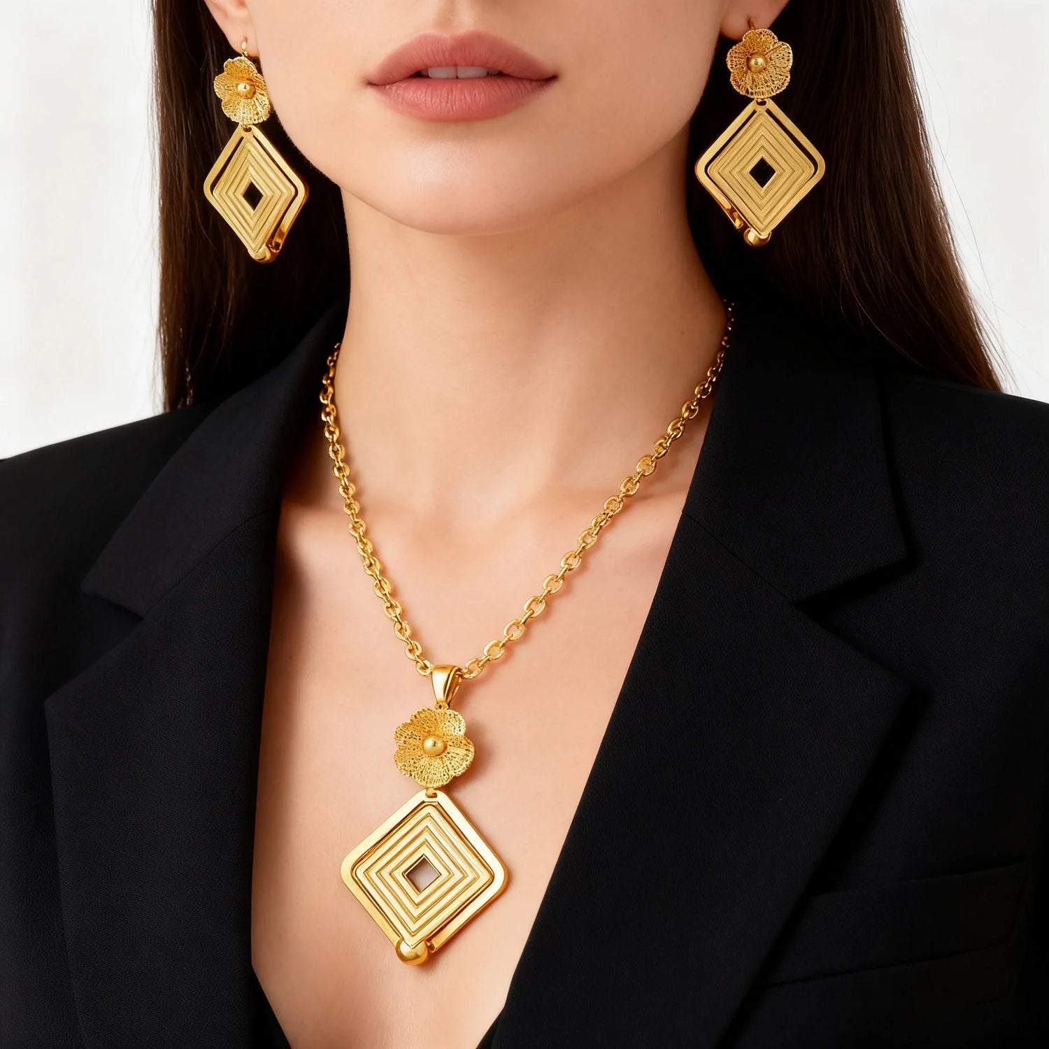 African Diamond Pendant Set Women's Necklace Earrings Nigerian Gold Plated Jewelry Dubai Wedding Bridal Party Favors