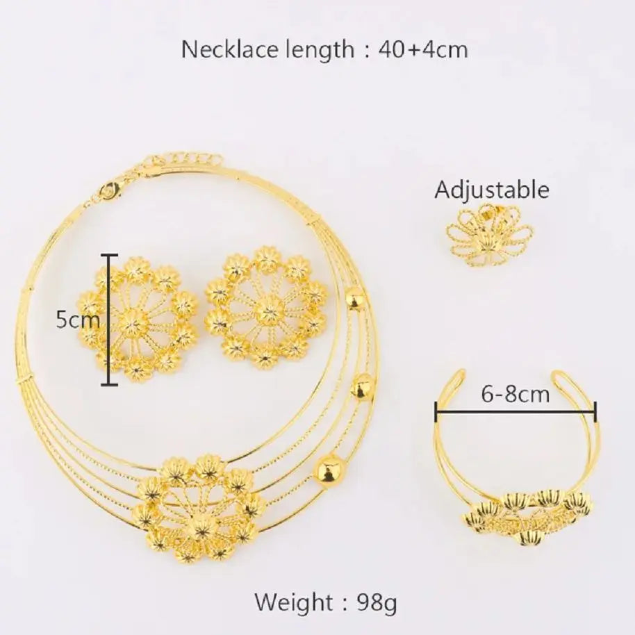 YM 2025 Gold Color Hollow out Flowers Shape Jewelry Sets Charming Earrings Bangle Necklace and Ring Sets Gift For Wedding