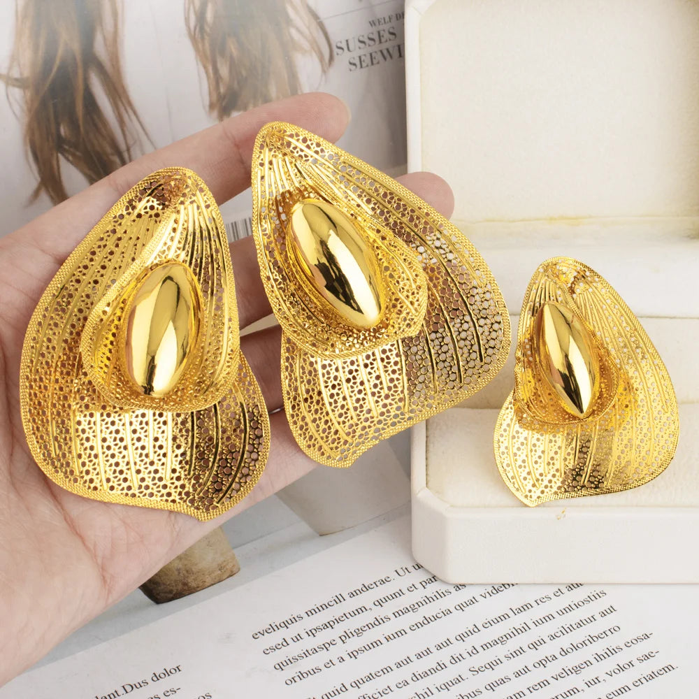New Fashion Style Gold Plated Earrings Ring Set for Women Girls Dubai Luxury Exaggerated Design Jewelry Gift for Party Easter