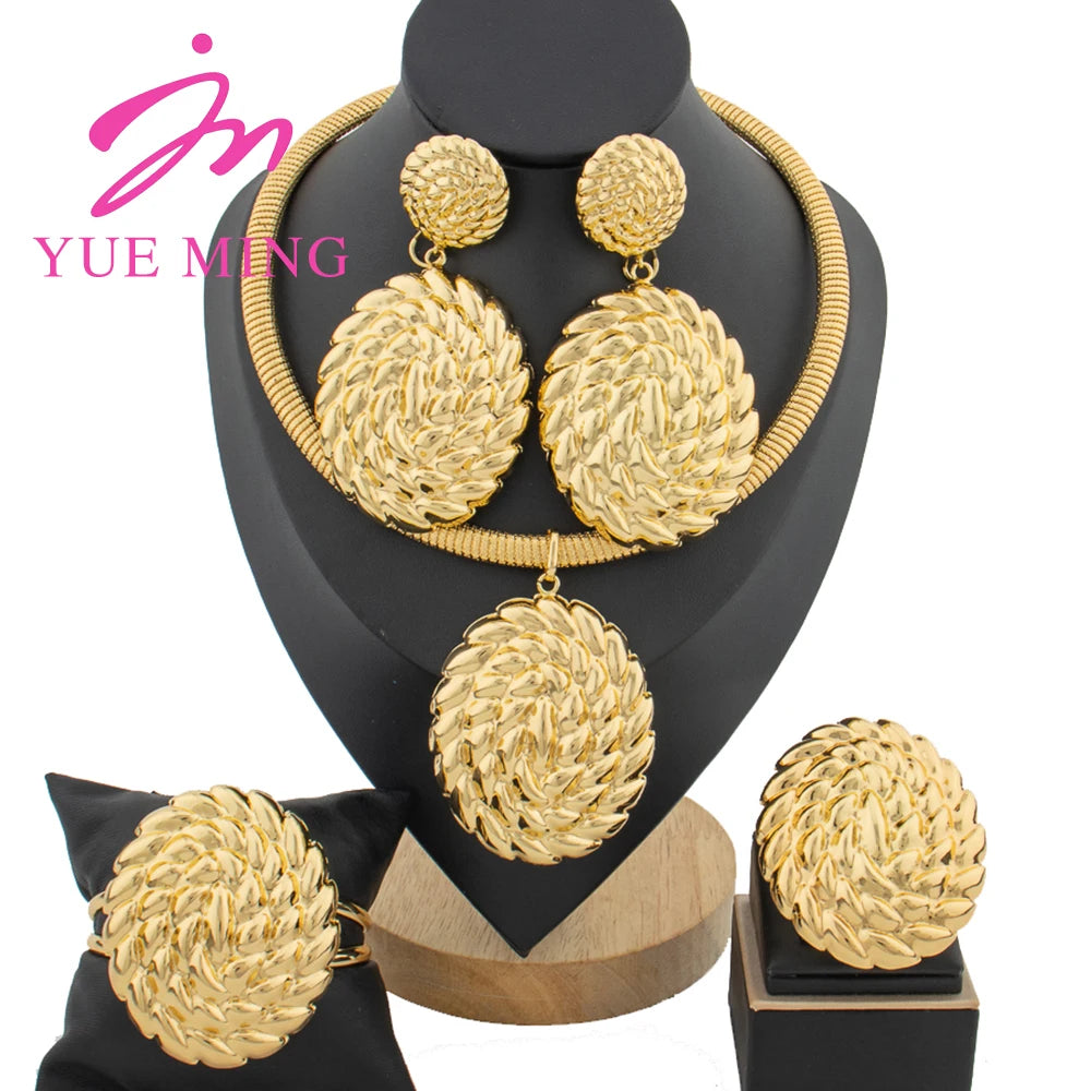 YM Women Jewelry Set Pendant Earrings 18K Gold Plated Round Collar Nigeria Wedding Festival Gift Classic Style Cuff Bangles Ring