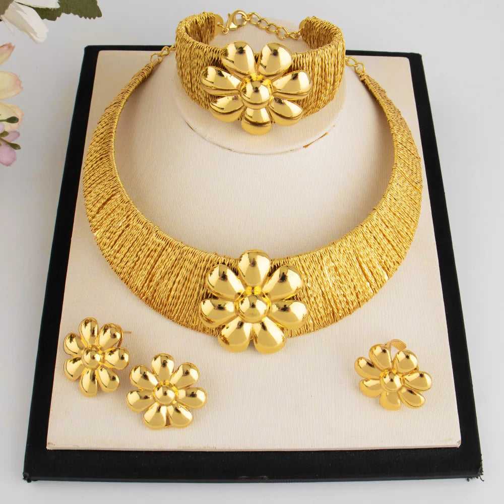 2025 Luxury Gold Color Women Jewelry Set Fashion Noble Flower Design Necklace Bangle Ring Earrings  Gift For Party Easter