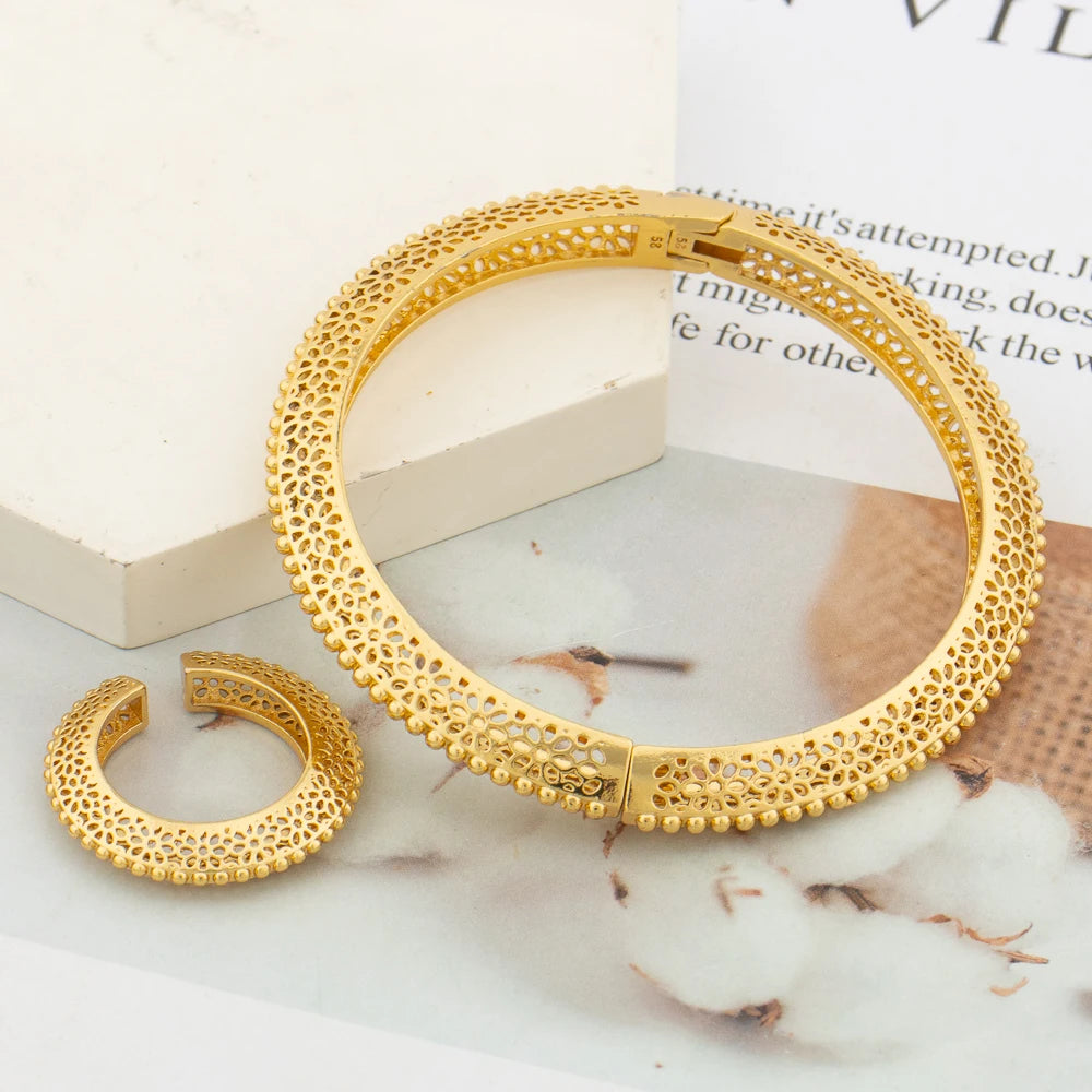 Luxury Bangle with Ring Set for Party Geometry Design Hand Bracelet Finger Ring 2Pcs Set for Weddings Engagement Bangle Jewelry