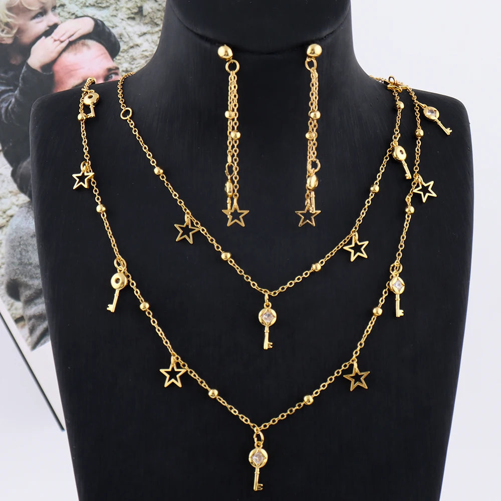 Stainless Steel Earrings Long Chain For Women Gold Plated Jewelry Set Bohemian style Necklace Earrings for Party Wedding Holiday