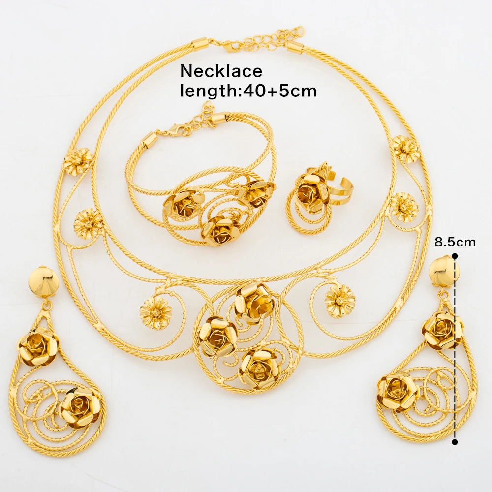 Dubai Jewelry Set for Women Gold Color Water Drop Earrings Flower Necklace Bangle Ring Italy African Lady Elegant Bride Jewelry