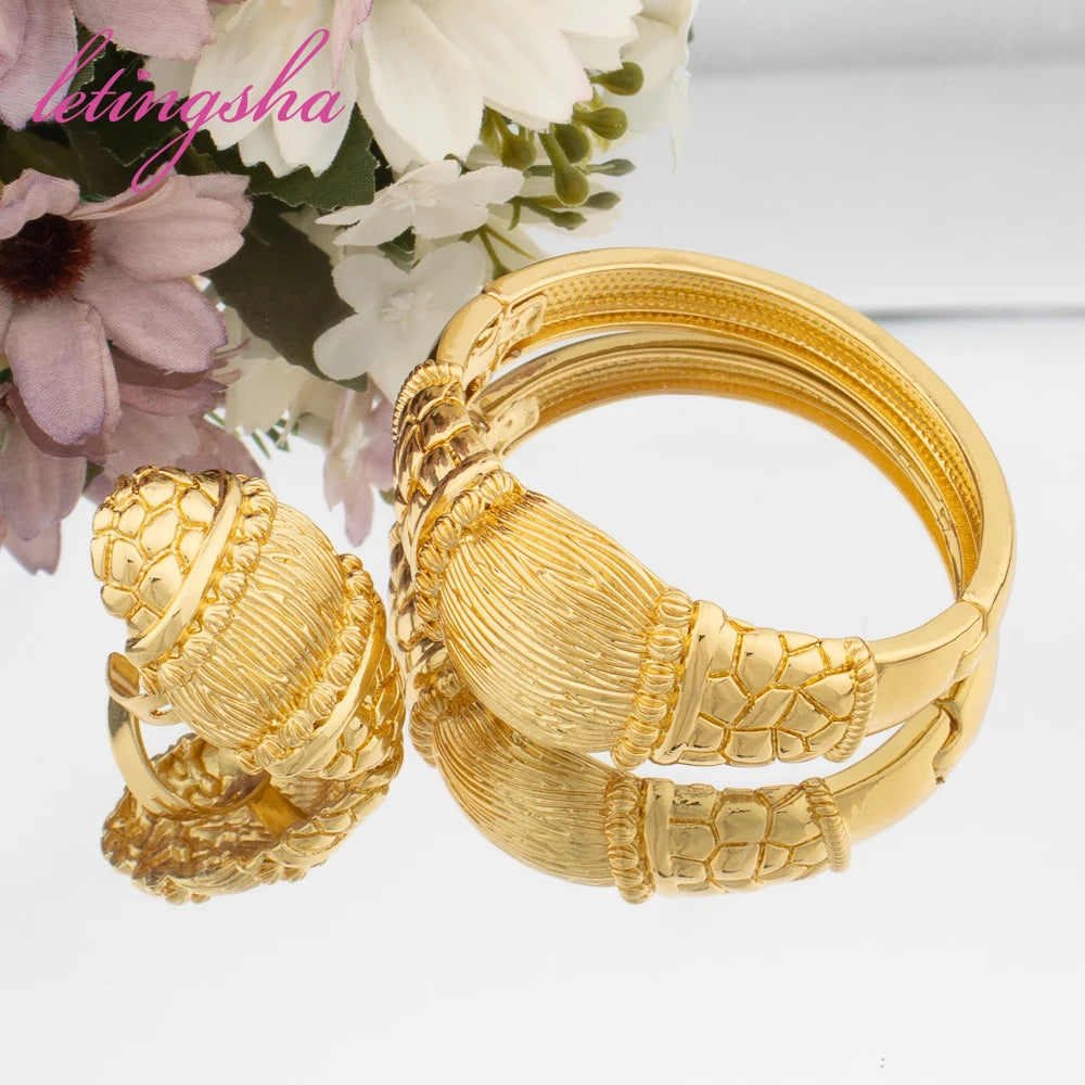 Gold Color Round Brushed Design Cuff Bangle Ring Set Fashion Jewelry Set for Women New Design Bracelet Weddings Bridal Jewellery