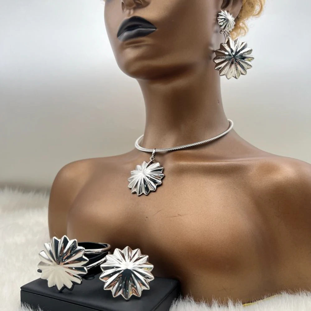 Vintage Women Polygonal Star Shape Jewelry Set Silver Plated Earrings Fine Chain Unisex Bangle Ring Sets for Party Daily Wearing