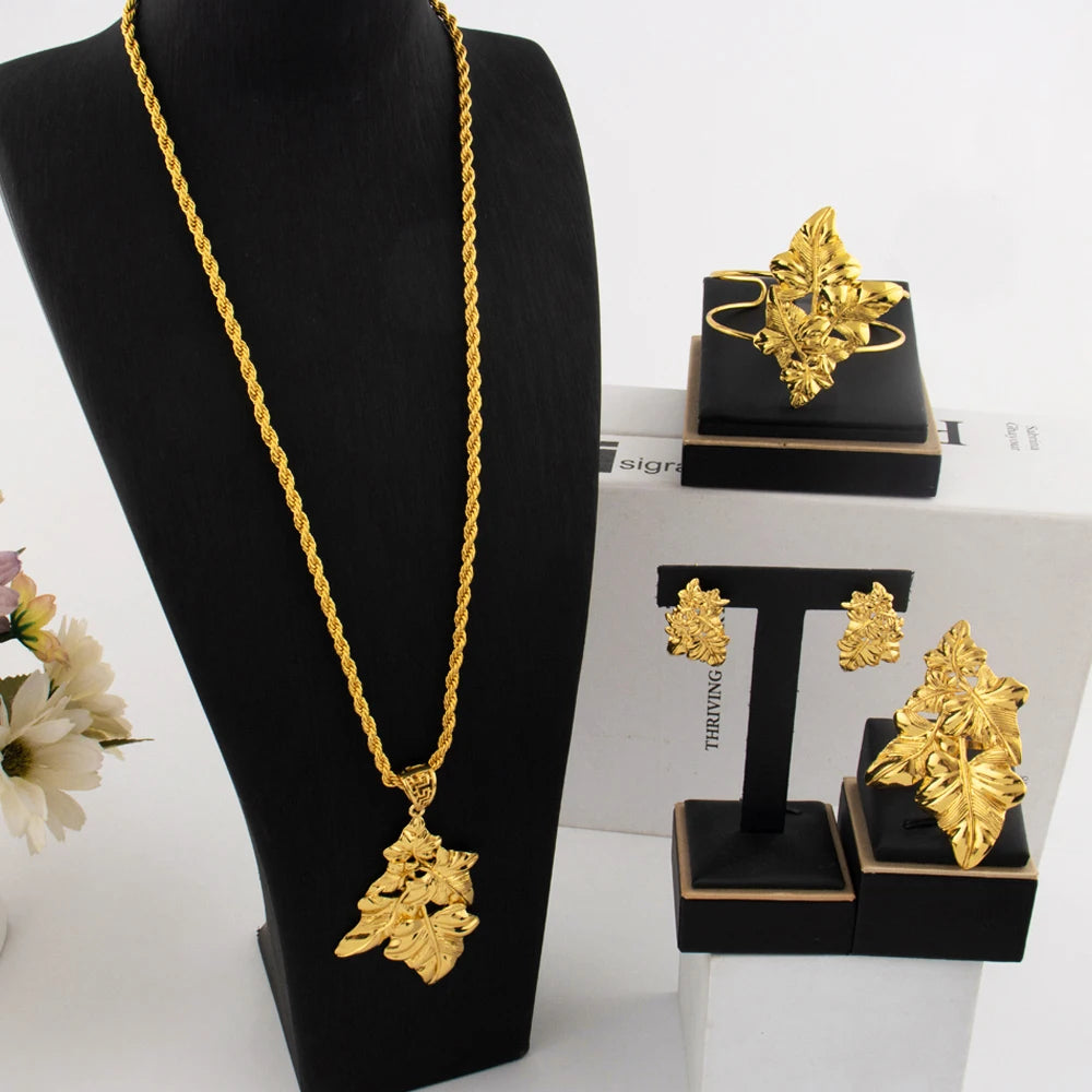 Fine Gold Plated Necklace Bracelet Ring Set for Women  Necklace Bracelet Earrings Rings For Women Fashion Bridal Jewellery Sets