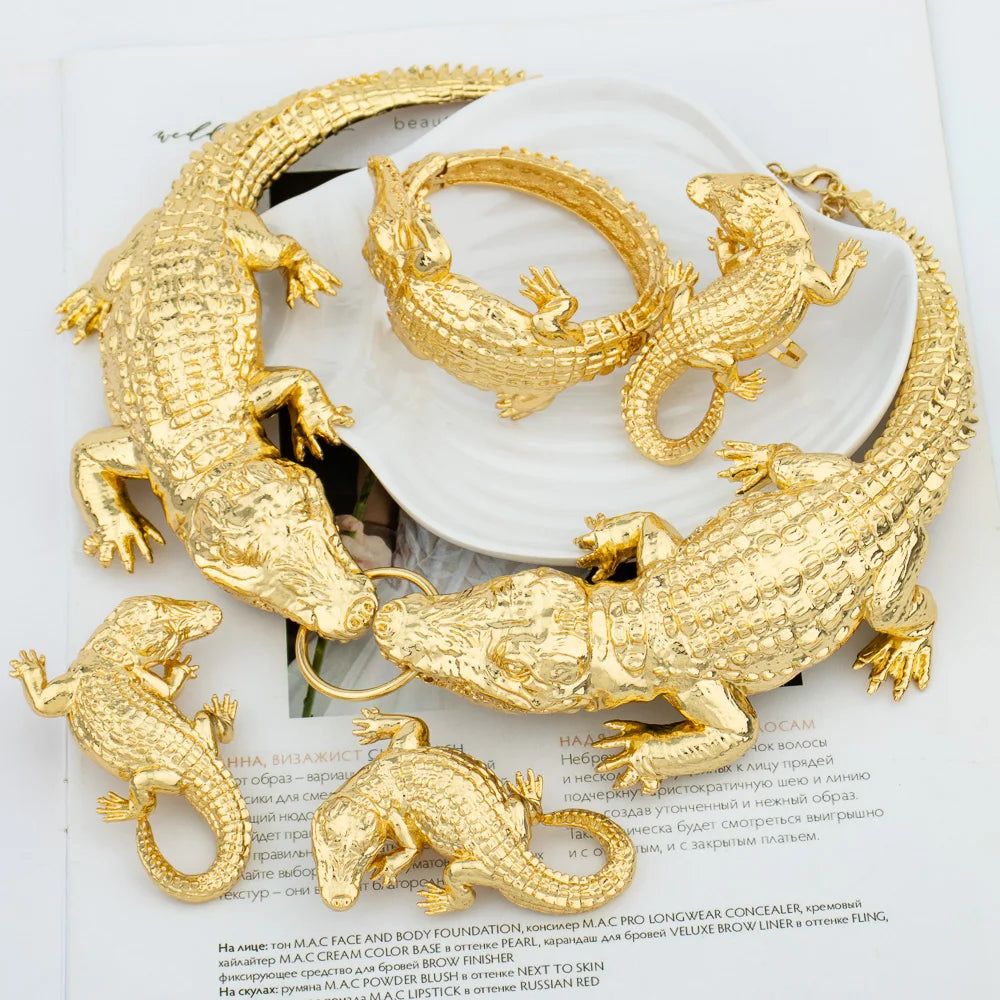 Alligato Crocodile Jewelry African Earring Set Fashion Women Gold Plated Ring Bracelet Wedding Necklace Pendant Dubai Party Gift