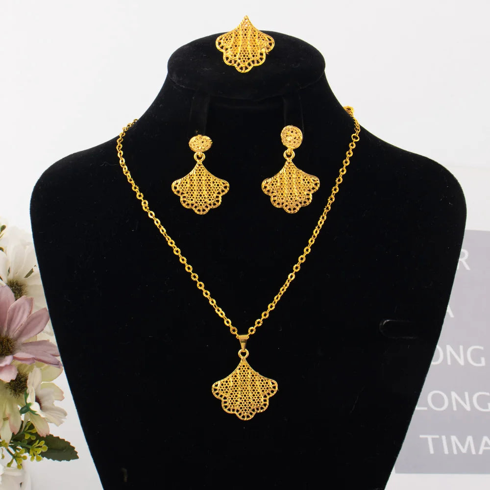 Mid East Fashion Gold Plated Necklace Ring Earrings Set for Women Gold Color Luxury Dubai Jewelry Gift Apply to Bride Mother