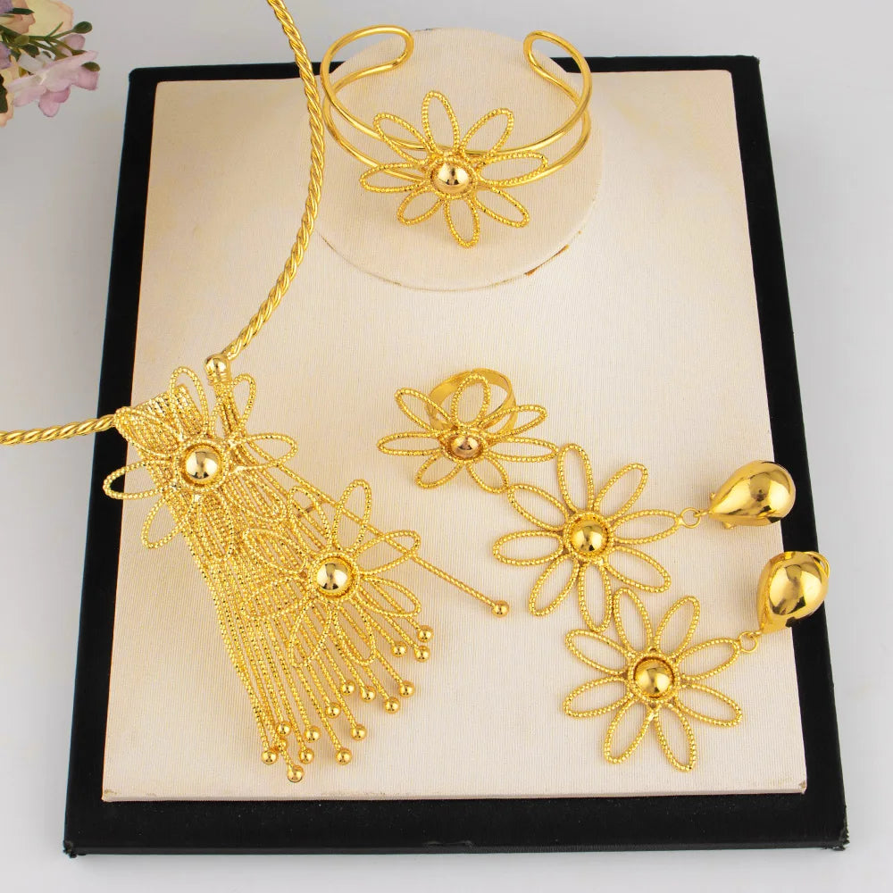 Golden Color Fashion Luxury Female Jewelry Set Necklace Earrings Bangle Ring for Dubai African Women Party Jewelry Gifts