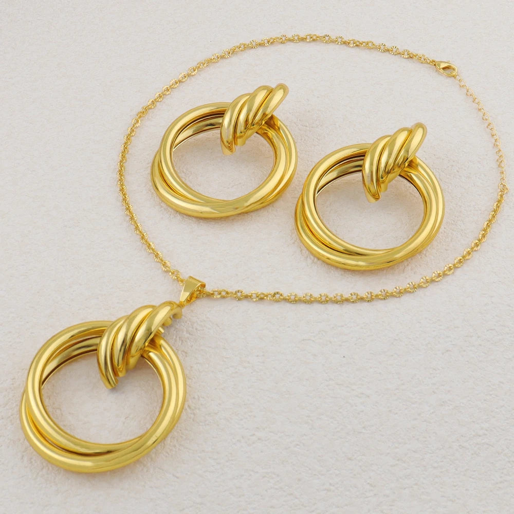 African Gold Jewelry Set Women Indian Long Necklace Earrings Nigeria 24K Gold Plated Fashion Jewelry Dubai Wedding Gift