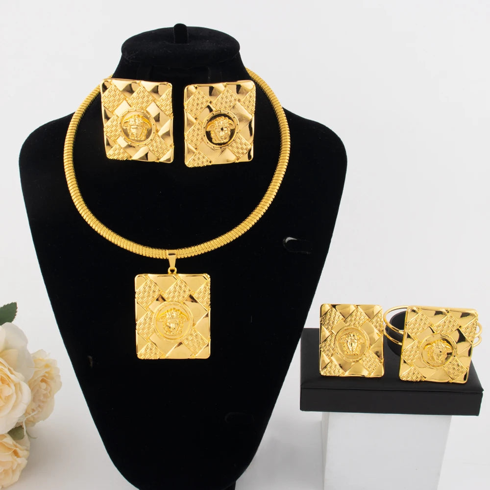 Nigerian Luxury Women Jewelery Set Dubai Gold Color Square Earrings Portrait Necklace  Bracelet Ring for Daily Wear Party Gift
