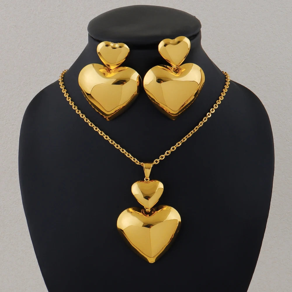 Gold Color Heart Shape Metal Pendant Earrings Sets 24K Gold Plated Simple Fashion Love Collarbone Chain Exquisite Holiday Gifts