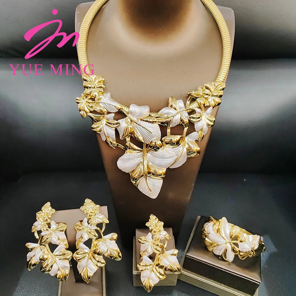 gold plated jewelry sets Leaf Shape Bangle Ring necklace and earrings set Two-tone Original Jewellery Anniversary Gifts