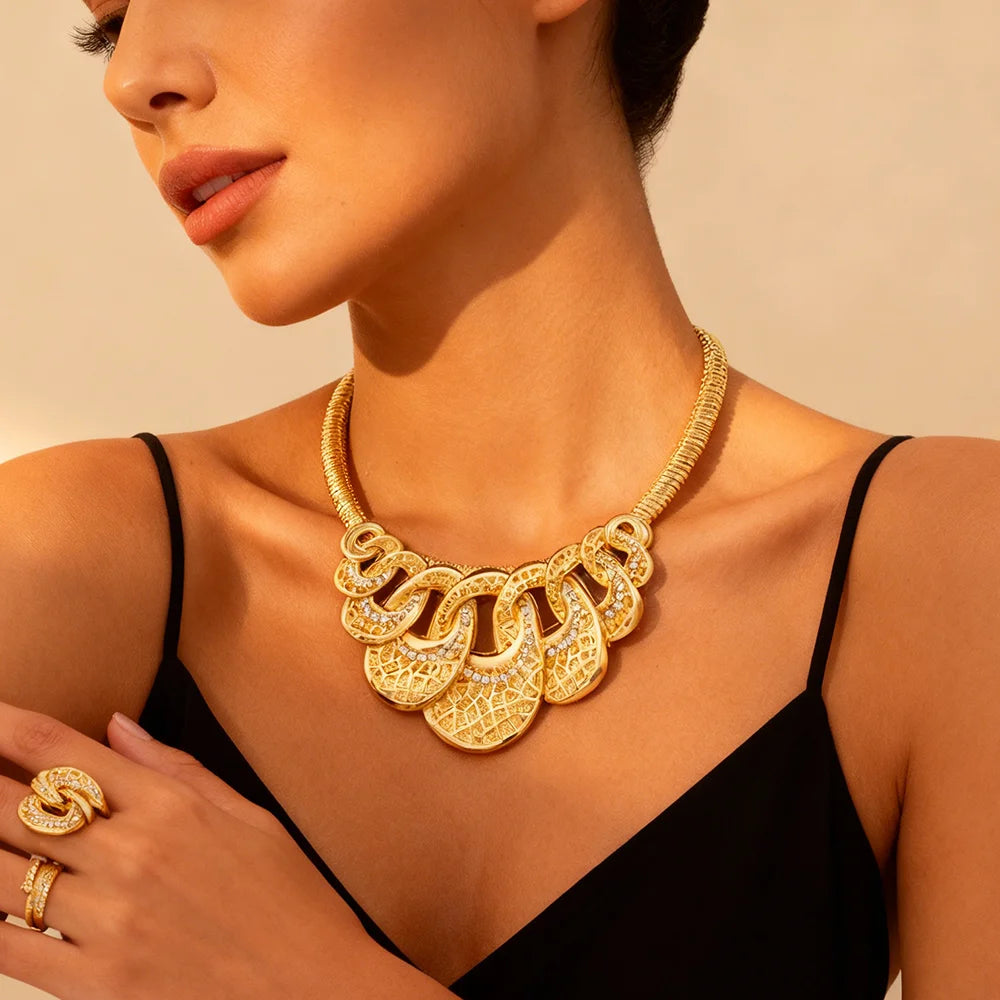 18K Gold Plated wedding jewelry for woman Luxury Exquisite Zircon Necklace earrings Bracelet Ring set bridal accessories Gifts