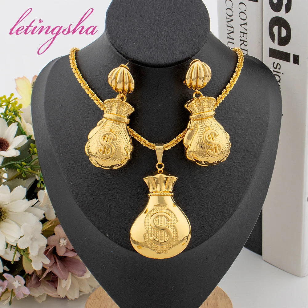 Fashion Luxury Lucky Bag Design Drop Earrings Pendant Set Gold Plated Bangle Rings Classic Gold Color Jewelry Set Party Gifts