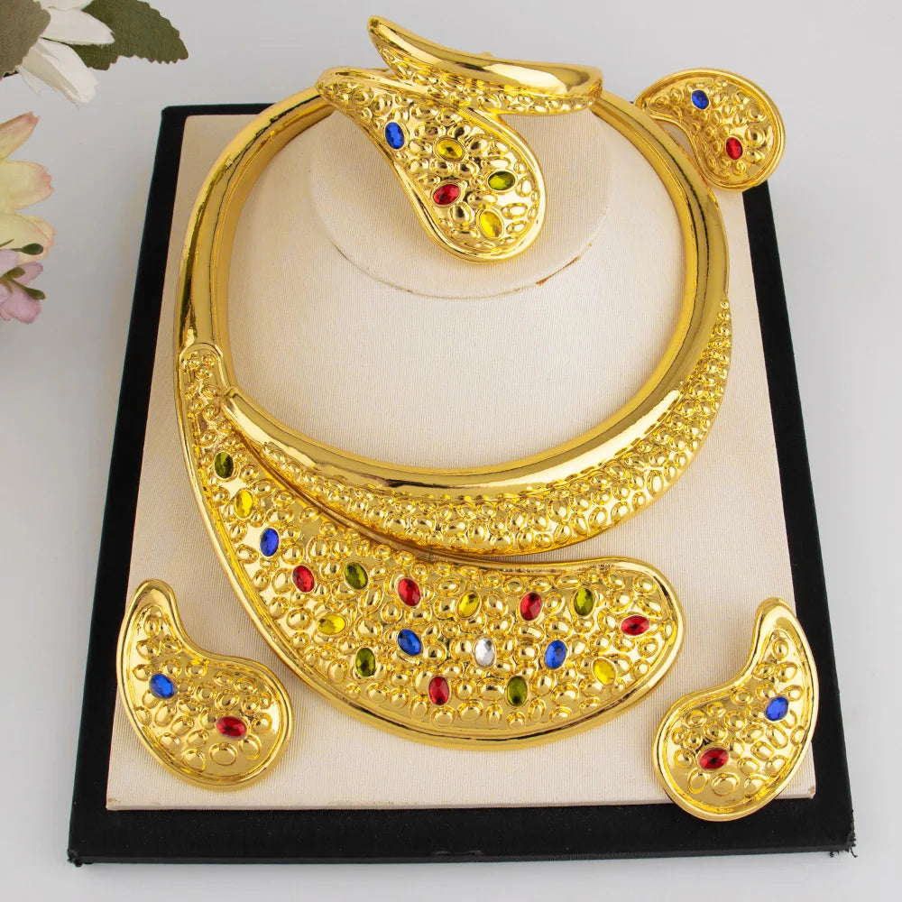 Italian Gold Plated Jewelry Set Dubai Ladies Necklace Earrings Bracelet Rings New Fashion High Quality Wedding Jewelry Gifts
