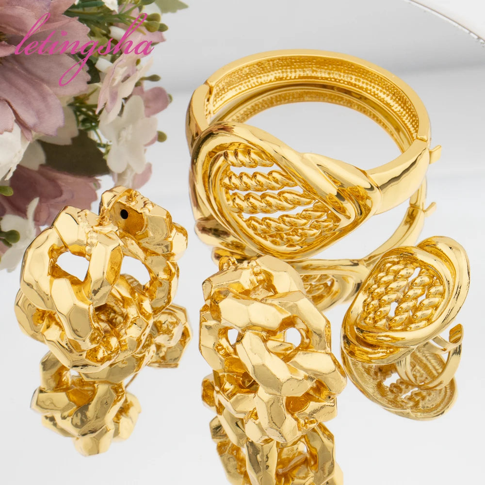 Classic Large Hoop Earrings and Bangle Ring Fashion Jewelry Set for Women Weddings Bride Trendy Bracelet and Earrings Jewelry