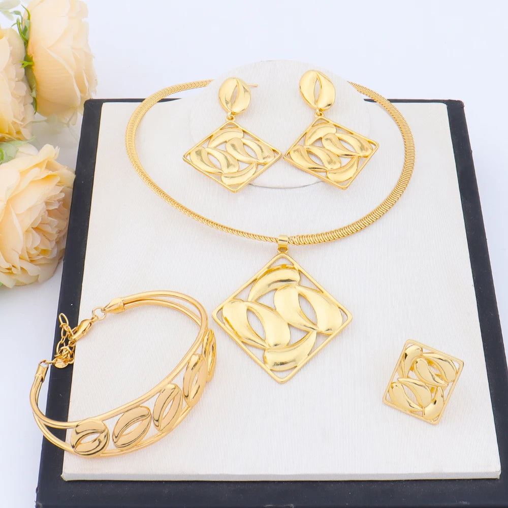 Gold Plated Weaving Tassel Pendant Necklace Earrings Bracelet Ring Jewelry Set for Women Fashion Jewelry Gift for Party Wedding