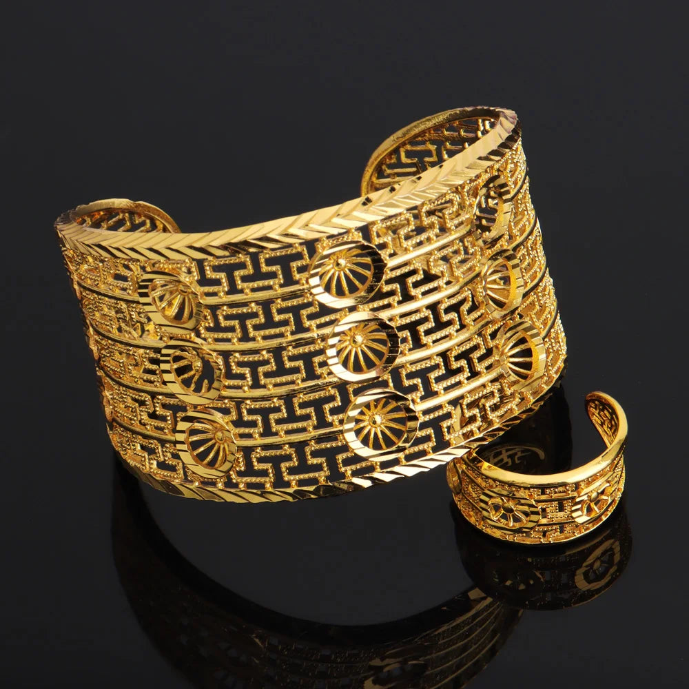 Luxury Dubai Gold Color Bangle And Ring For Women Noble Hollow Out Design Jewelry Set For Easter Gifts Wedding Arabic Party
