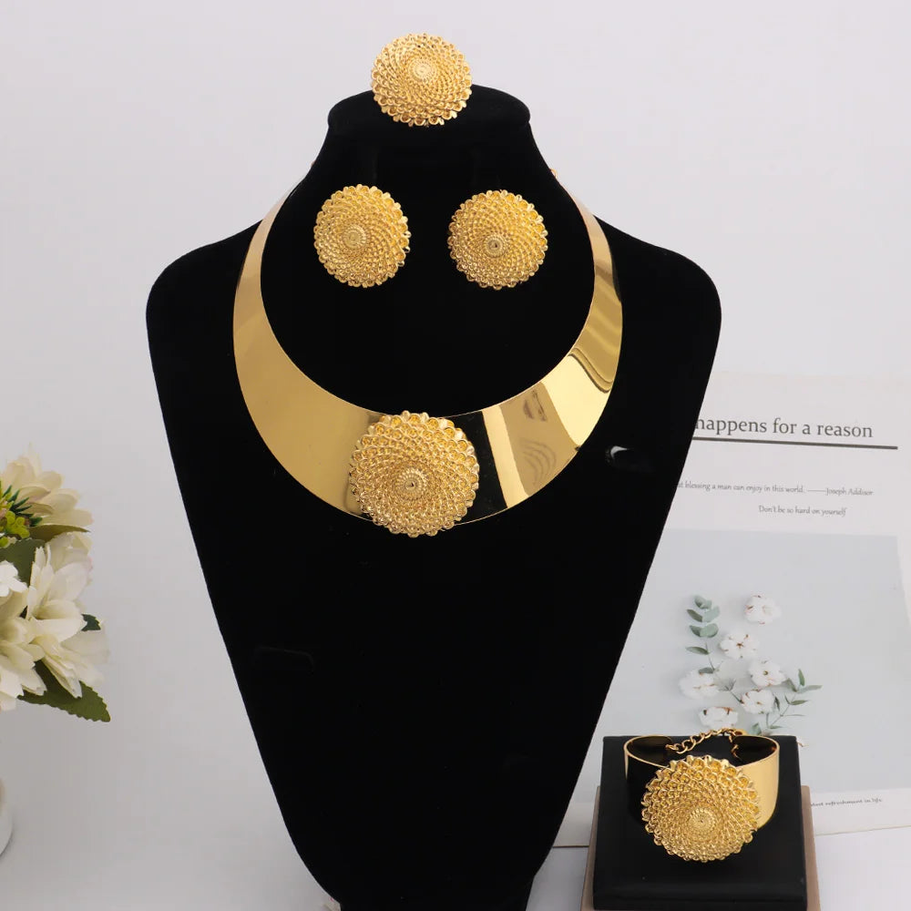 Gold Color Luxury Sunflower Shape Necklace Bangle Earrings Ring For Women Fashion Pretty Jewelry Set Gift For Party Wedding