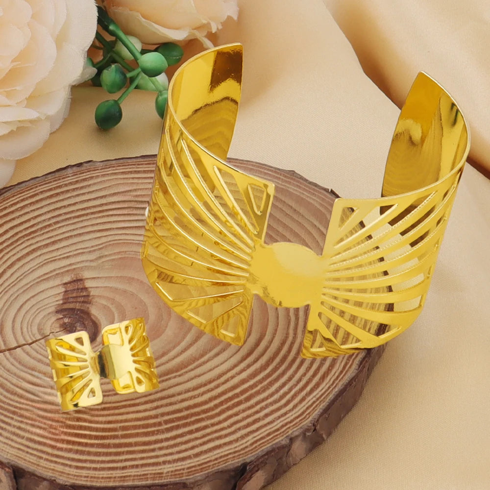 New Punk Hollow out Plated Gold Jewelry Set Stainless Steel Adjustable Cuff Bangle Charm Ring for Women Unique Jewelry Gift